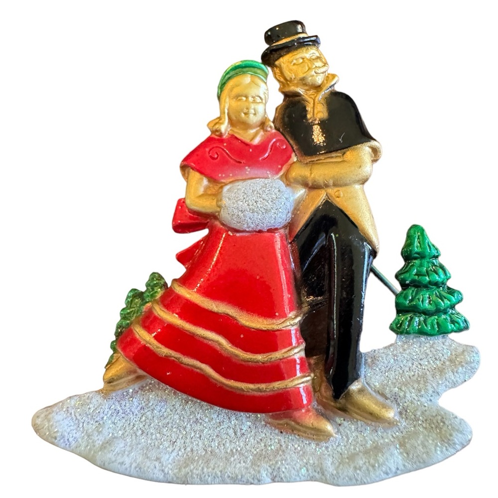 Vintage rare AJC skating couple enamel brooch